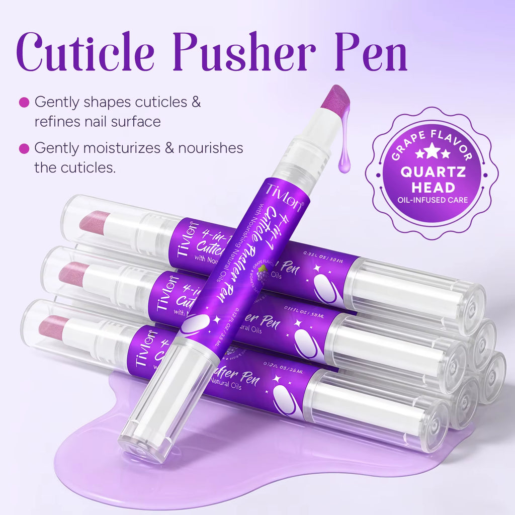 Tivlon Private Label Nail Care 4-In-1 Cuticle Pusher Pen Nail Cuticle Polishing Remover Tool with Nourishing Oil for Exfoliates