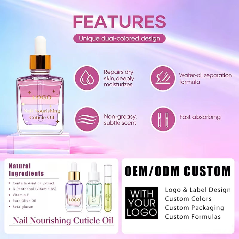 Wholesale Private Label Vegan Organic Dual Color Cuticle Care Oil 30Ml Vitamin E D-Panthenol Scented Nourishing Nail Growth Oil