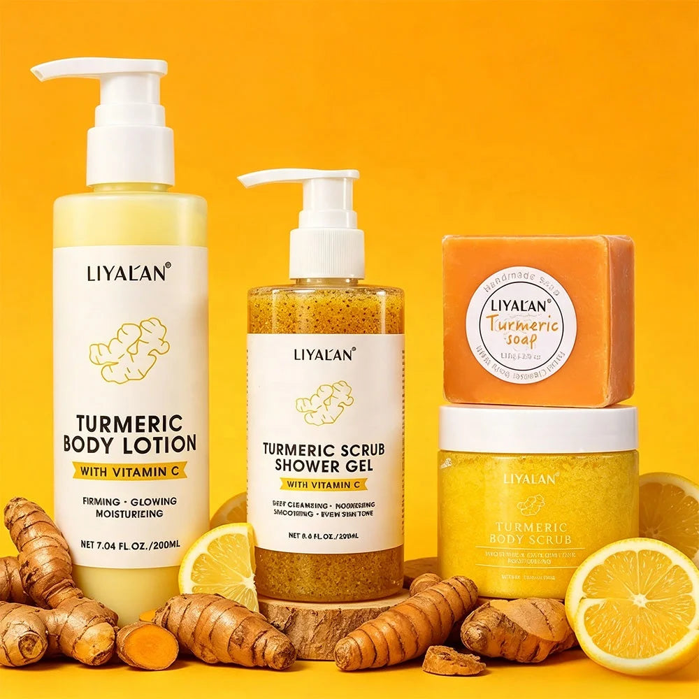 Turmeric Skin Care Body Lotion Whitening Soap Exfoliating Scrub Shower Gel Turmeric Vitamin C Bath Body Care Set