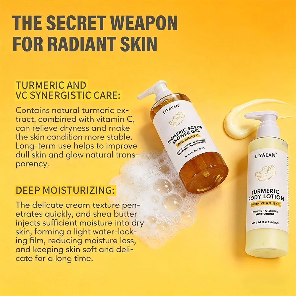Turmeric Skin Care Body Lotion Whitening Soap Exfoliating Scrub Shower Gel Turmeric Vitamin C Bath Body Care Set