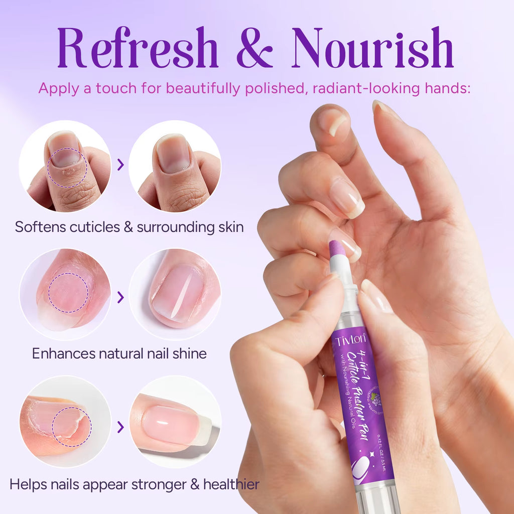 Tivlon Private Label Nail Care 4-In-1 Cuticle Pusher Pen Nail Cuticle Polishing Remover Tool with Nourishing Oil for Exfoliates